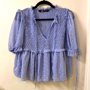 Zara blue polka dot ruffled peasant blouse